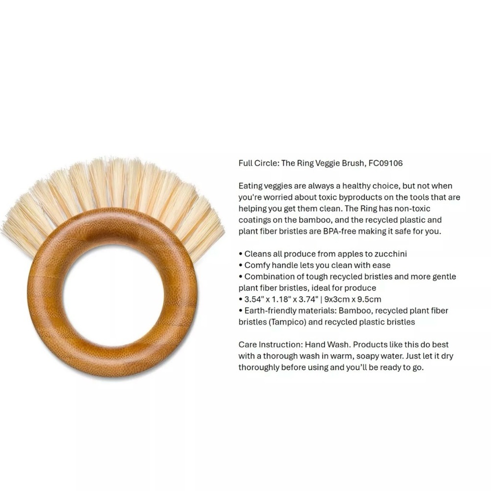 Full Circle Cleaning Ring Veggie Brush Bamboo Handle Recycled Plant 🌱  Bristles